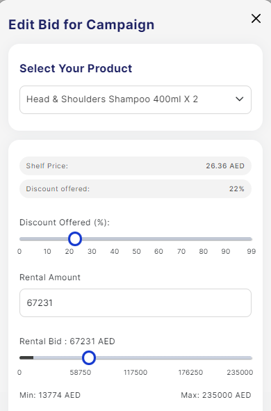 Edit Bid for Campaign popup with options to select a product, adjust discount offered, and input rental amount. Displays shelf price, discount percentage, and rental bid range with a slider for adjustments.