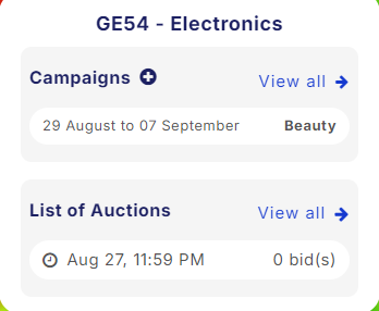 Popup showing details for GE54 - Electronics, including upcoming campaigns with dates and category, and a list of auctions with a bid count and deadline.